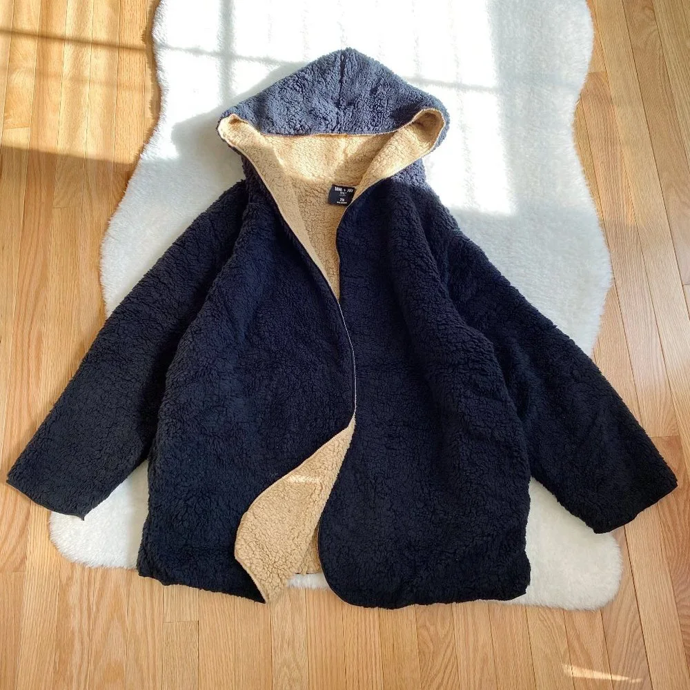 Hooded Reversible Soft Sherpa Teddy Bear Sweater Coat, Black / Brown, Size 2X